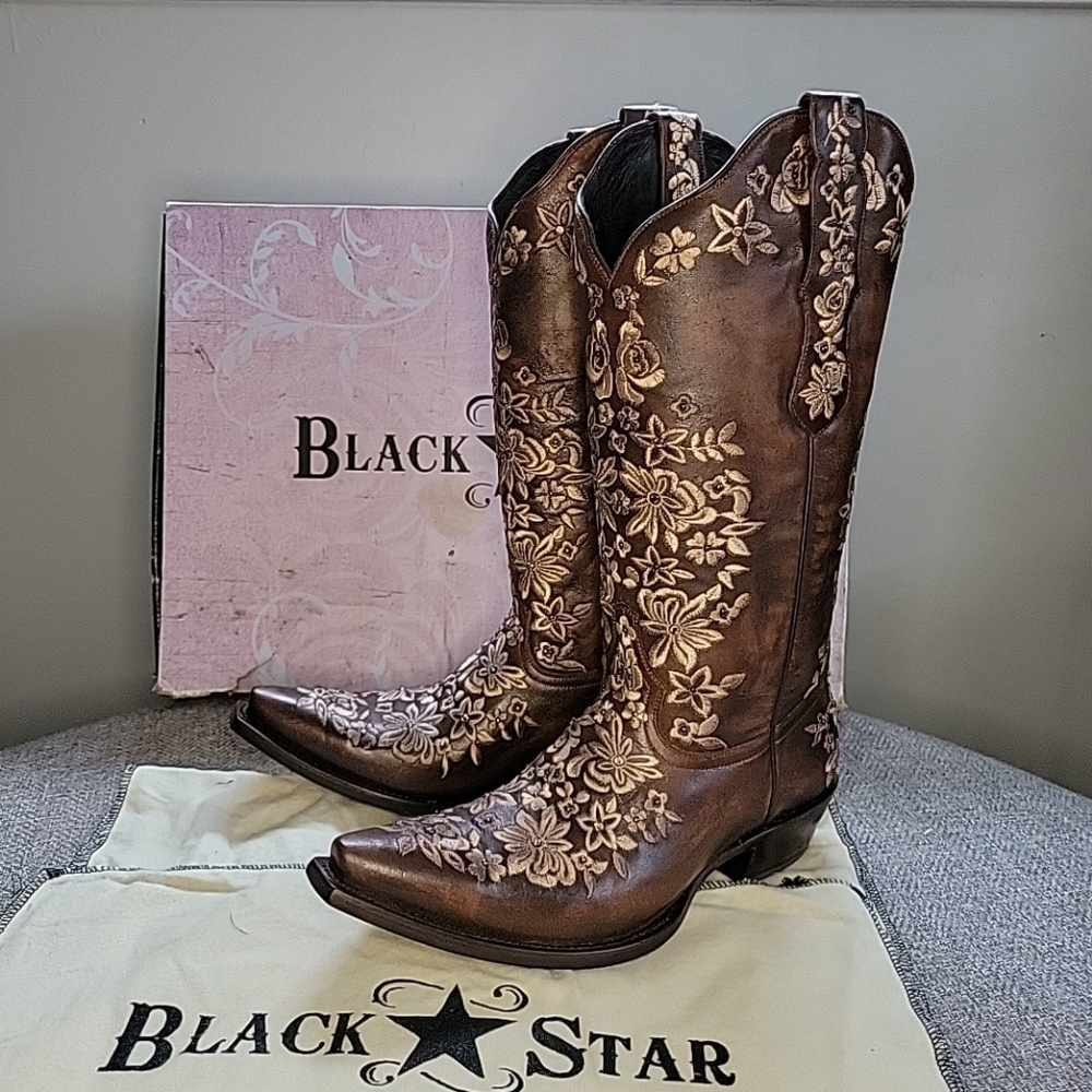 Cream and Brown Heeled Boots with Intricate Embroidery